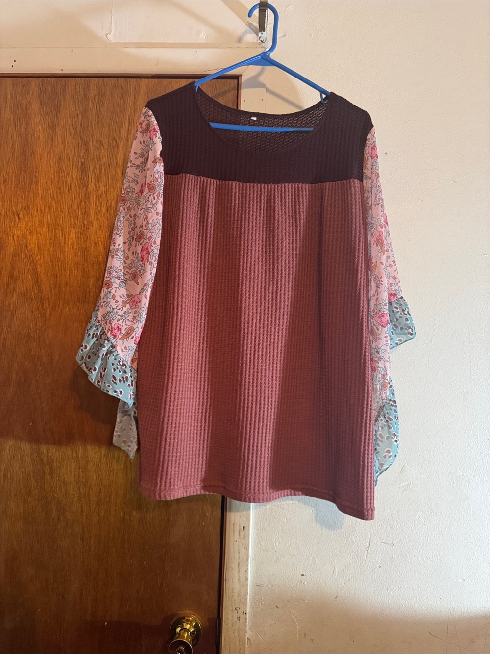 Women's Mixed-Panel Pink Floral Sleeve Tunic Top